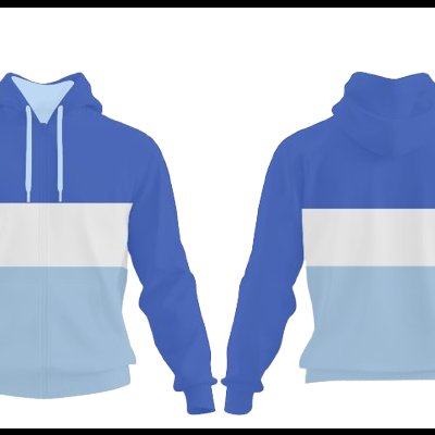 Casaco com capuz azul royal, branco e azul claro de frente e atrás