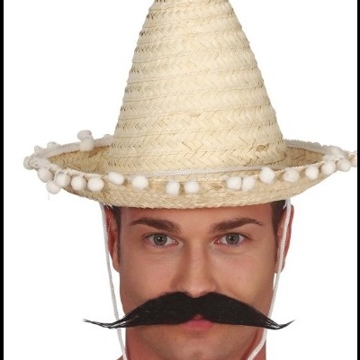 Chapéu mexicano de palha com pompons brancos e bigode falso preto