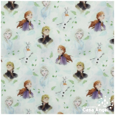 Tecido estampado com personagens do filme Frozen em fundo branco