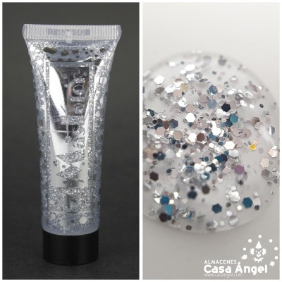 Tubo de gel transparente com glitter prateado e detalhe do gel com glitter hexagonal colorido.