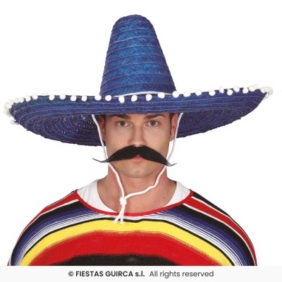 Homem com sombrero azul e poncho colorido