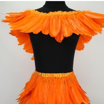 Conjunto de fantasia com plumas laranja num manequim preto