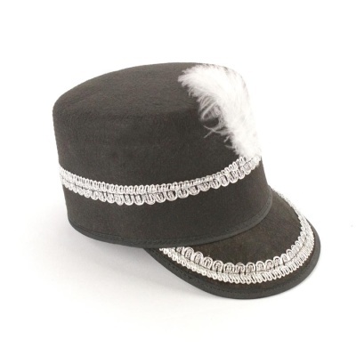 Chapéu militar preto com tira prateada e pena branca