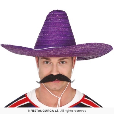 Homem com chapéu mexicano roxo de palha e bigode falso preto