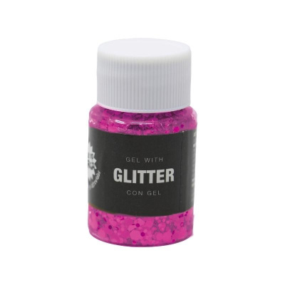 Frasco com gel cor-de-rosa com glitter e tampa branca.