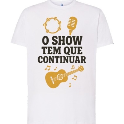 T-shirt branca com estampado musical e texto em preto e amarelo