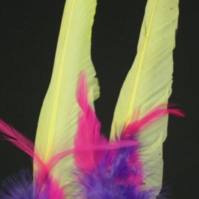 Adornos com penas amarelas, cor-de-rosa e roxas