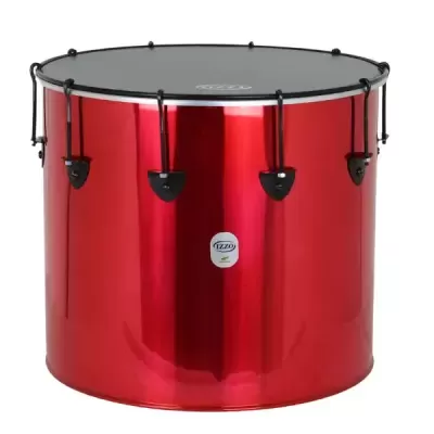 Tambor vermelho metálico com pele preta e presilhas pretas