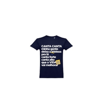 T-shirt azul escura com texto inspirador em branco e amarelo