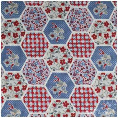 Tecido com padrão hexagonal floral vermelho, azul e bege