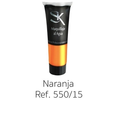 Tubo de maquilhagem líquida laranja metálica com tampa preta e texto SK Maquillaje al Agua