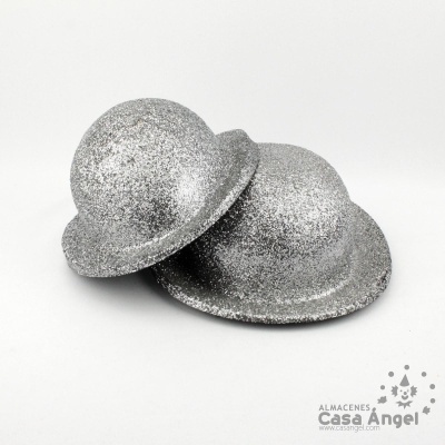 Dois chapéus prateados de glitter sobre fundo branco com logotipo Casa Ángel