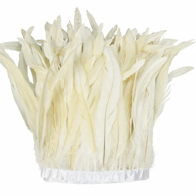 Franja decorativa de penas naturais brancas com base de tecido branco.