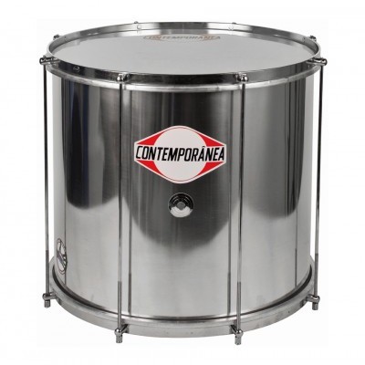 Tambor metálico de percussão com pele branca e logotipo Contemporânea