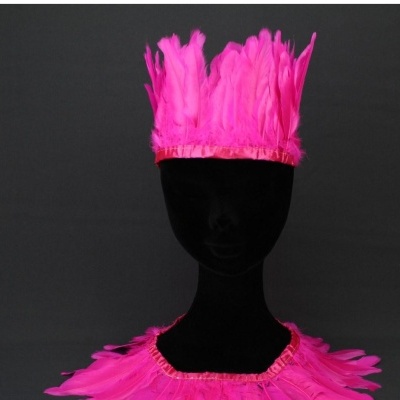 Adereço de cabeça e gola em penas cor-de-rosa fluorescente