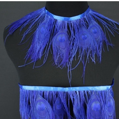 Conjunto de penas azuis com padrão de penas de pavão em fundo preto