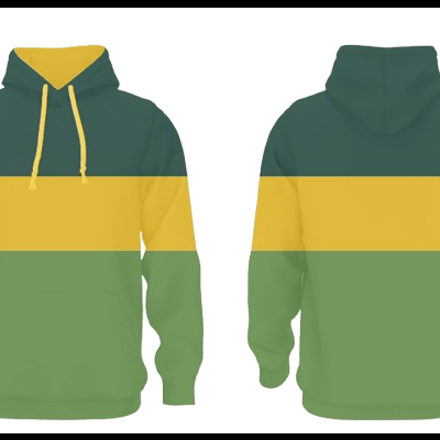 Camisola com capuz de três faixas horizontais verde-escuro, amarelo e verde claro
