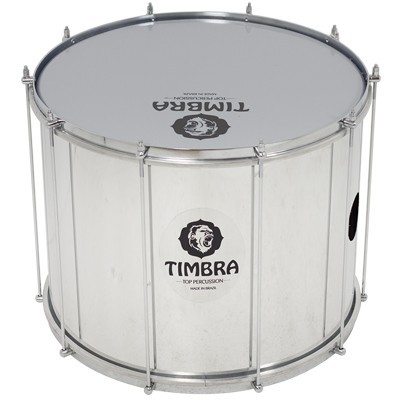 tambor percussão TIMBRA metálico prateado com pele branca e textos pretos