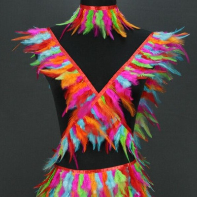 Conjunto de festa feito de penas coloridas em manequim preto