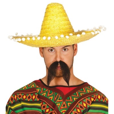 Homem com chapéu mexicano amarelo e túnica colorida com padrões geométricos