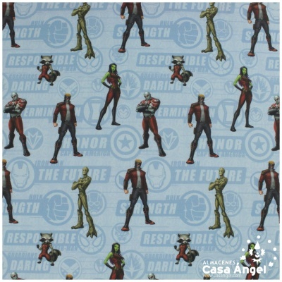 Padrão repetitivo de personagens Marvel em fundo azul claro com texto temático.