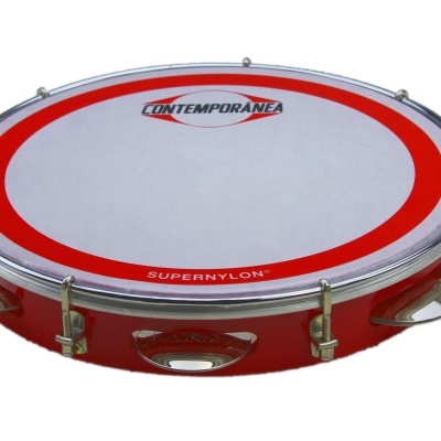 Pandeireta vermelha com pele branca e detalhes metálicos