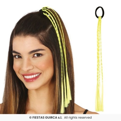 Elástico de cabelo preto com fitas amarelo-fluorescente compridas e trançadas