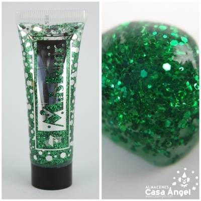 Tubo com glitter verde METALIC e close-up do glitter.