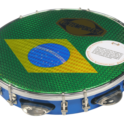 Pandeiro com pele holográfica verde com padrão da bandeira do Brasil e aro metálico prateado