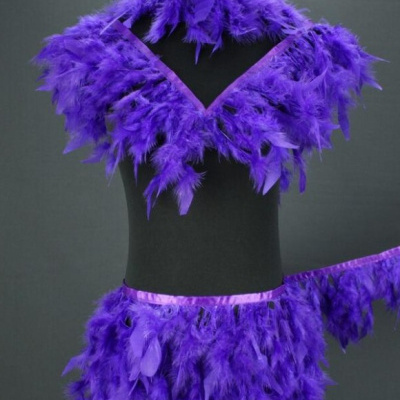 Conjunto de fantasia com penas roxas em manequim preto