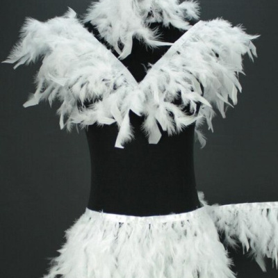 Conjunto de fantasia com penas brancas em manequim preto