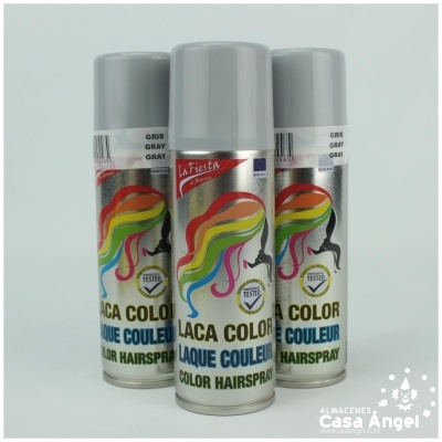 Três latas de spray para cabelo colorido cinza com rótulos coloridos e texto multilingue