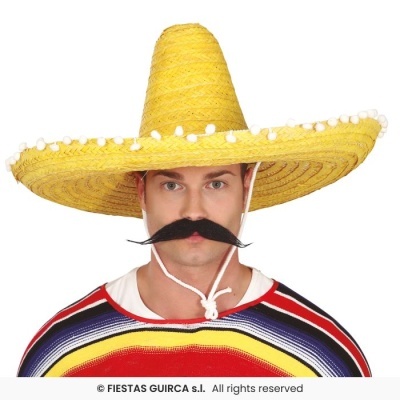 Homem com chapéu sombrero amarelo e camisa listrada colorida