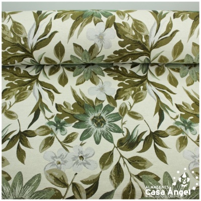Tecido floral verde e branco com folhas e flores