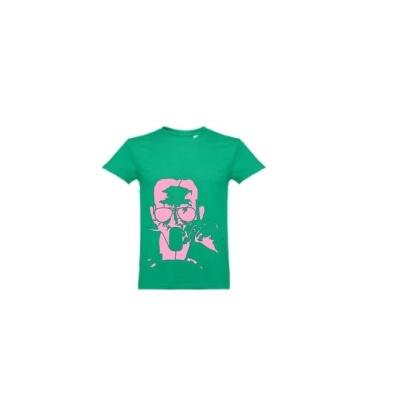 T-shirt verde com estampa rosa de rosto com óculos e aparelho respiratório
