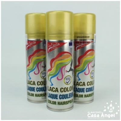 Três latas de spray para cabelo colorido com tampa dourada e rótulo colorido