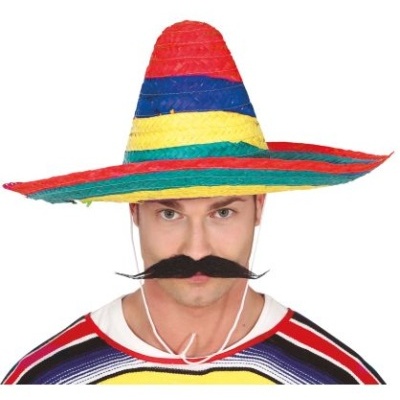 Homem a usar chapéu mexicano colorido e bigode postiço preto