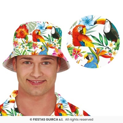 Chapéu pescador com padrão tropical colorido de flores e pássaros