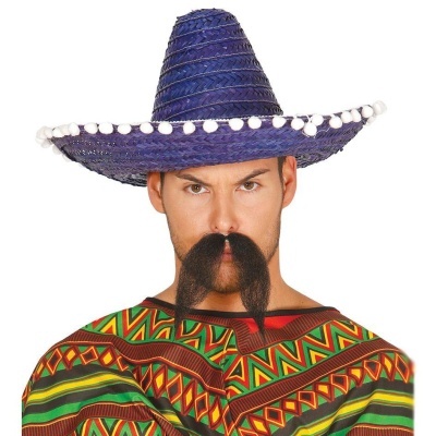 Chapéu mexicano azul, bigode falso preto e poncho colorido com padrões geométricos