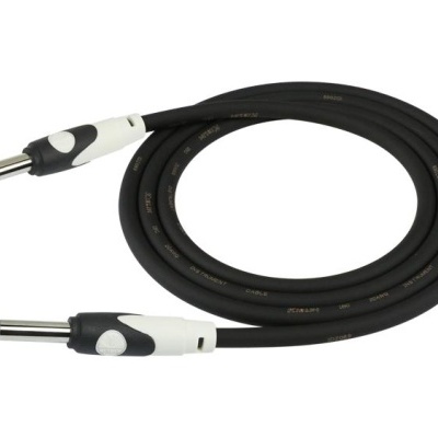 Cabo de áudio preto com conectores jack de 6,35 mm e detalhes brancos