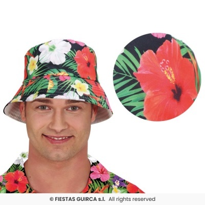 Chapéu pescador com padrão floral colorido e fundo preto