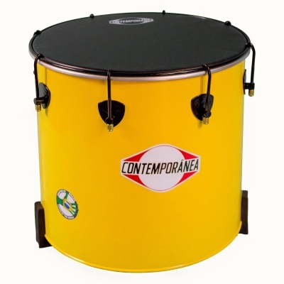 Tambor amarelo com pele preta e marca CONTEMPORÂNEA