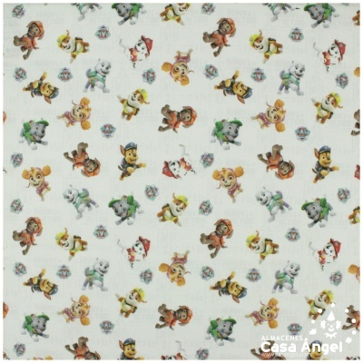 Tecido branco com padrão colorido de cães animados para crianças