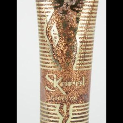 Frasco de gel brilhante bronze com glitter e tampa preta