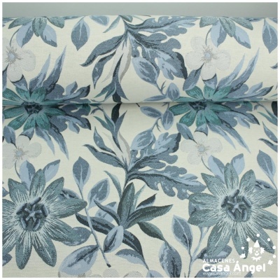 Tecido decorativo floral azul e branco com logo ALMACENES Casa Angel