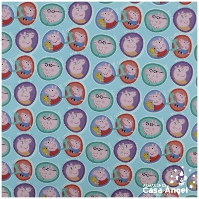Tecido azul claro com padrão repetido de personagens animados em círculos coloridos e logo ALMACENES Casa Angel