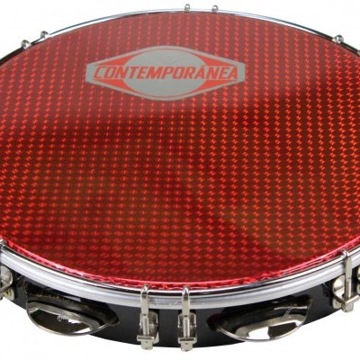 Pandeiro vermelho com armação metálica e texto CONTEMPORÂNEA