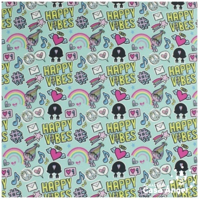 Padrão colorido com elementos de redes sociais e texto HAPPY VIBES