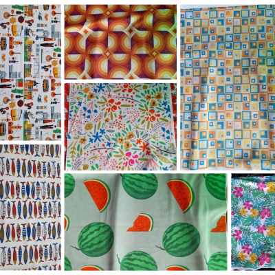 Sete tecidos com padrões variados incluindo música, geométricos, peixes, flores, melancias e folhagens tropicais