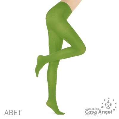 Meias-calças verdes lisas em fundo branco com texto ABET e logo Casa Angel